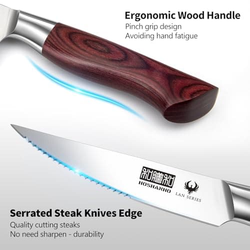 HOSHANO Set de Couteaux à Steak, Couteaux de Table 8 Pièces, Set Couteaux a Steack Acier Inoxydable Allemand, Manche Bois Ergonomique, Cadeau de Fête des Pères/Fête des Mères