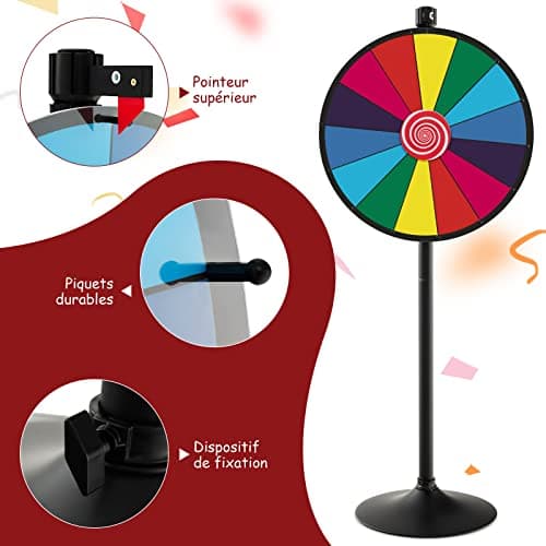 COSTWAY Roue de la Fortune 60cm à Hauteur Réglable avec 14 Emplacements, Roue de Loterie sur Pieds avec Marqueur Effaçable à Sec & Effaceur, Base Solide