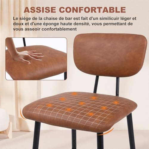 Nusetx Tabouret de Bar Lot de 2 Chaise de Bar avec Dossier et Repose-Pieds, Tabourets Haute pour Cuisine Salle à Manger Bistro, Chaise 65 cm de Haut, Brun