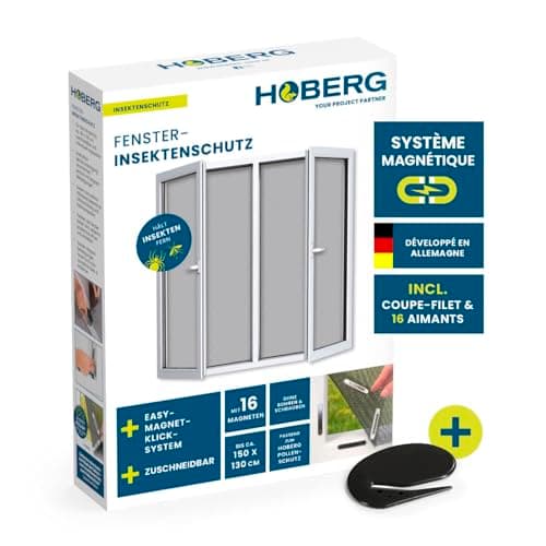 Hoberg Moustiquaire de fenêtre avec Fixation magnétique innovante | Moustiquaire jusqu'à 150 x 130 cm découpable Individuellement, Pas de perçage ni de vissage | Fixation avec 16 aimants [Noir]