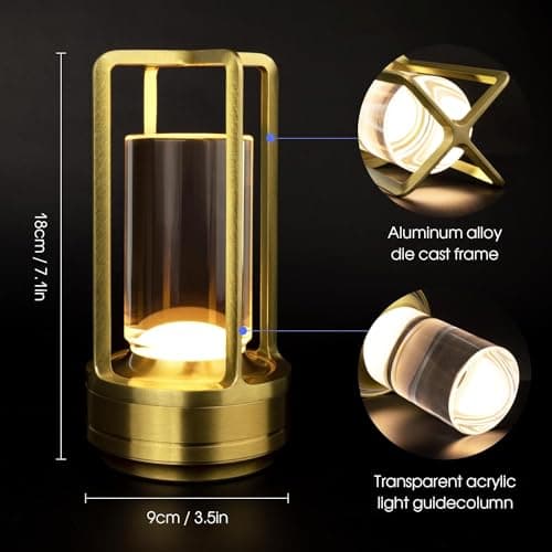 Lampe de Table LED sans Fil, USB Rechargeable Lampe de Bureau avec Batterie 2600mAh, Lampe de Chevet Tactile, Lampe Cristal, Lampe De Table LED Dimmable pour Chevet, Camping, Interieur, Exterieur, Or