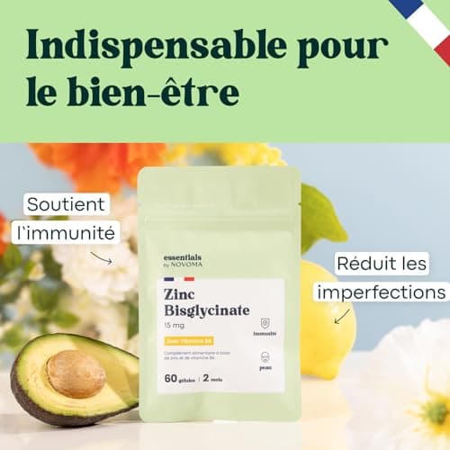 Zinc Bisglycinate + Vitamine B6, Renforce l'Immunité & Combat l’Acné, Assimilation Optimale, Cure de 2 mois, 60 Gélules Végétales, Complément Alimentaire Fabriqué en France,Essentials by Novoma