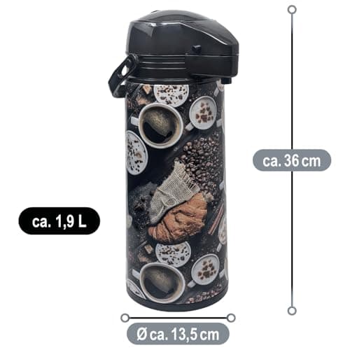 COM-FOUR® Carafe à pompe isotherme 1,9 L avec motif café - carafe à pompe isotherme de 1,9 litre en acier inoxydable avec insert en verre (01 pièce - 1,9 litre motifs café)
