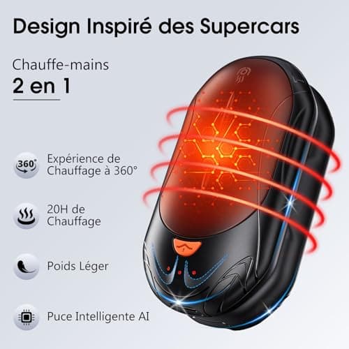 OUTJUT Chauffe Main 2 Packs 6000mAh Chaufferette Main Reutilisable, USB Chauffe-Mains 3 Modes de Chauffage 2S Rapide, pour Sports de Plein Air, Camping en Hiver Cadeau de Noël (Noir)