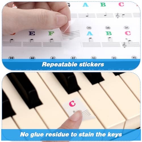 Amabro Autocollants imperméables pour clavier de piano de 37/49/54/61/88 touches - Lettres transparentes amovibles - Étiquettes réutilisables pour débutants (multicolore)