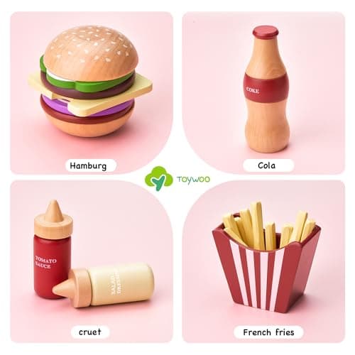 Aliments de jeu en bois pour enfants - Hamburger - Accessoires de cuisine pour tout-petits - Cadeau pour garçons et filles - Jouets éducatifs