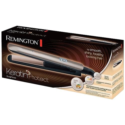 Remington Lisseur Cheveux [Soin Kératine & Huile d'amande] Protect (Soin des cheveux, Céramique, Ecran LCD, 10 réglages de Température 150-230°C, Voltage universel,pochette) Fer à lisser S8540