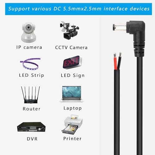 GINTOOYUN 2-Pack 90 degrés DC câble de queue d'alimentation, angle droit DC 5,5 mm x 2,5 mm mâle plug à fil nu cordon de réparation ouvert de remplacement d'alimentation pour moniteur,3ft 1m(DC5525)