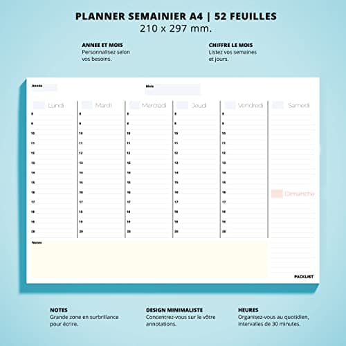 PACKLIST Planning Semaine A4 - Weekly Planner, Agenda To Do List Bloc Note - Agenda Semainier Francais - Planning Hebdomadaire Au Design Exclusif