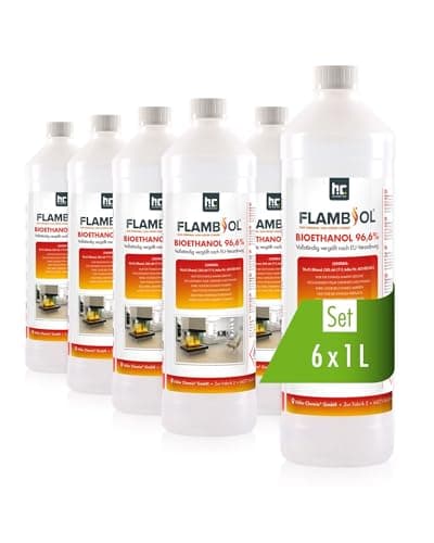 FLAMBIOL Bioéthanol 96,6% Premium 6 x 1 L - pour Cheminée de Table, Cheminée & déco de Jardin - sans Fumée ni suie - A Base de maïs & de Betteraves