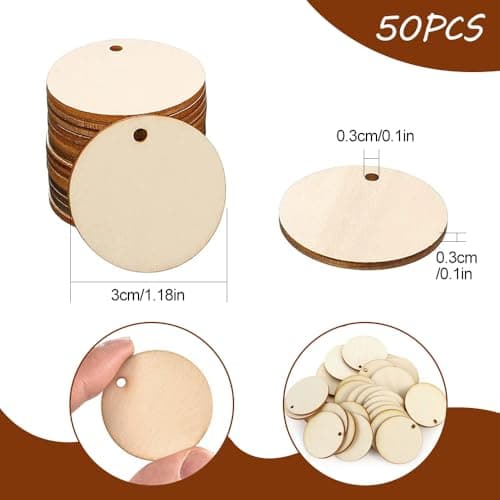 Bieiyhe Lot de 50 Rond en Bois Avec Trou,Rondeau de Bois Petits 3 cm de Diamètre,Tranches de Bois Ronde,Rondin de Bois Deco,Naturel Rond Bois Fins,Rond en Bois à Décorer pour Bricolage Artisanat