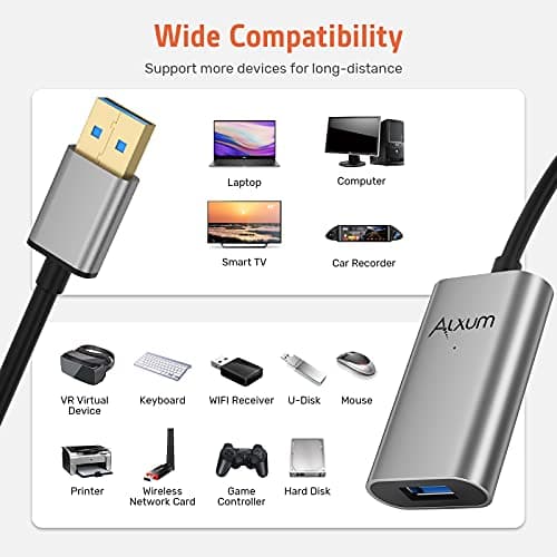 Alxum Actif USB 3.0 Câble Rallonge 10M, Mâle A vers Femelle A Répéteur Câble 5Gbps Compatible pour Oculus Rift, PS VR, Lecteur de Cartes, Clavier, Imprimante, Scanner, Caméra
