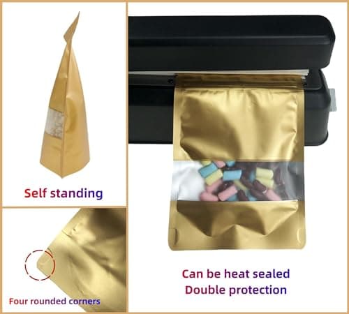 Rimiko 100 Pcs Sachets Alimentaires Debout avec Fenêtre Transparente, Sachet Zip Refermable Aluminium Stand up, Sac Pochette Mylar pour Conservation des Aliments (Doré,10x15 cm)
