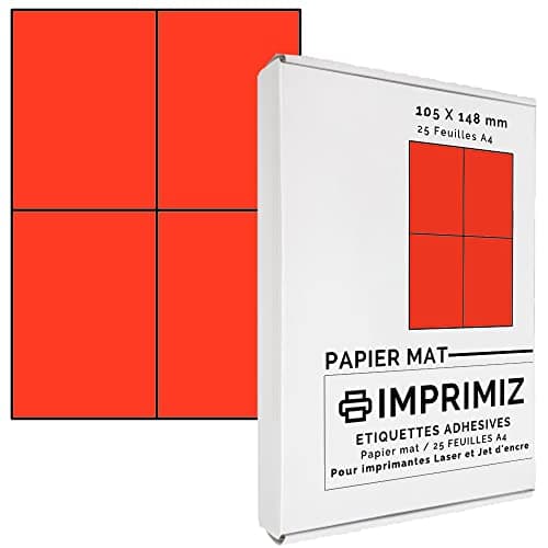 100 étiquettes autocollantes Rouge fluo de 105 X 148,5 mm - 4 étiquettes/feuille - 25 planches papier A4 adhésif couleur - pour impression Laser et Jet d'encre