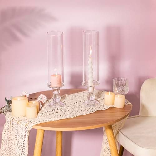 Lot de 2 bougeoirs Hurricane en verre transparent de 35,1 cm de haut pour bougies coniques, bougeoirs en verre pour centre de table, fête de mariage, salle à manger, événement