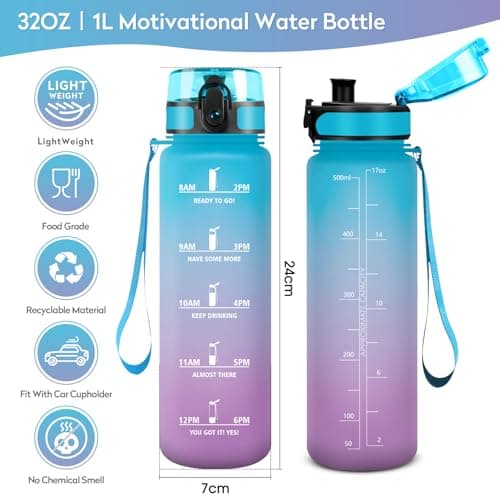 Gourde Sport 1L, Étanche et Réutilisable, Gourde, Bouteille d'eau 1 Litre avec Marqueur de Temps et Filtre, Bouteille pour Adulte, l'école, Cyclisme, Voyage, Camping, Fitness, Yoga, Bureau, Gym