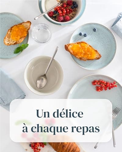 Ensemble 6 Bols Céréales Grès Ibiza - Muesli, Lave-vaisselle, Micro-ondes - Petits Bols Assiettes Creuses, Pure Living beige-bleu, Service de Table Élégant