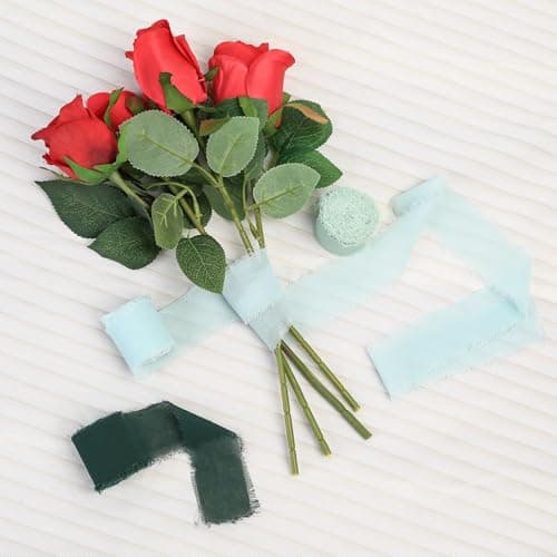 4 Rouleaux Ruban en Mousseline de Soie, 4 cm x 5 m Ruban de Soie Mousseline, Ruban Cadeau à Franges pour Décoration de Mariage Bouquet, Total 20 m, Abricot/Vert Clair/Vert Foncé/Bleu