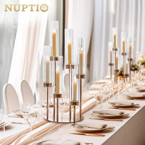 NUPTIO Bougeoirs Or Hurricane Verre - 60cm Grand Bougeoir à Papillon Cylindrique Transparent 6 Bras Bougie Métallique Couvre Cheminée Centrepieces de Mariage Extérieur Tables Décor de Noël