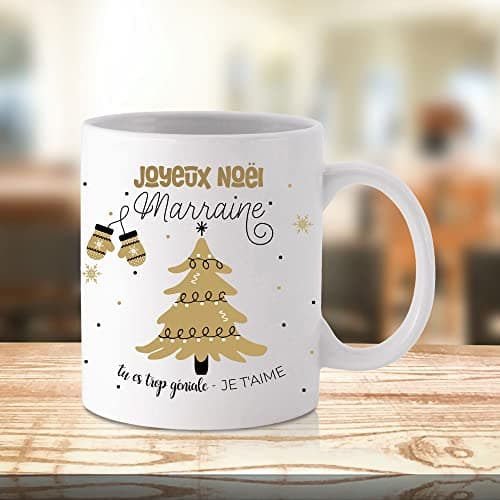 ÉNJA Création Cadeau NOËL - Mug MARRAINE. Marraine/Tasse – Joyeux Noël - Cadeau fêtes de fin d'année personnalisé. Cadeau original. Céramique haute qualité 11oz - 320 ML (MARRAINE)