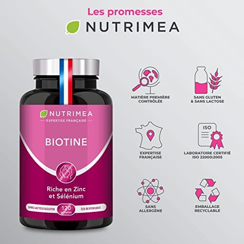 BIOTINE | Sans Excipient | Accélère la Pousse des Cheveux & Ongles | Avec Vitamine B8, Pépins de Courge, Zinc et Sélénium | 120 Gélules Vegan | Fabrication Française | Nutrimea