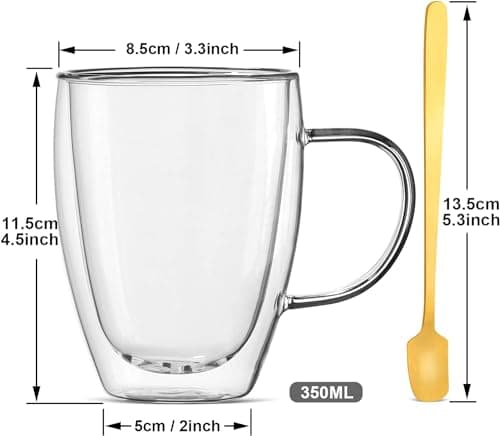 autumndeer Tasses en verre à cappuccino, lot de 4 tasses à espresso à double paroi, tasses à café en verre isolées avec 4 cuillères, tasses en verre transparent pour latte, cappuccino (350ml)
