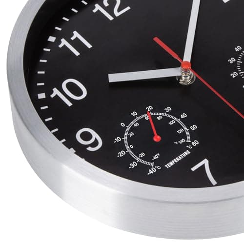 VINILITE Horloge Murale Radio Pilotée avec Thermomètre et Hygromètre Pendule Murale Silencieuse et sans Tic-Tac de 25cm pour Salon, Cuisine, Bureau, Chambre