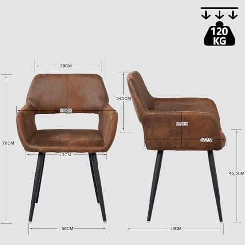 MEUBLE COSY Lot de 2 Chaises de Salle à Manger Fauteuil Rétro Vintage Assise rembourrée en en suédine Pieds en métal pour Cuisine Salon Chambre Bureau, Brune, Marron