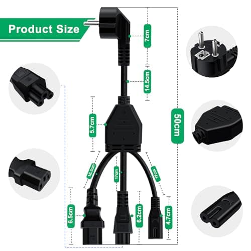 HuaLiSiJi Cable Alimentation 3 Broches 10A 250V IE Splitter Contact de Protection de Câble Type F (CEE 7/4) vers Prise C13+C5+C7, pour Une Utilisation en Intérieur TV, PC, Moniteur (0.5m)