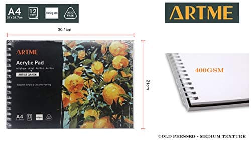 Artme Blocs de Papier Acrylique A4 x 12 Feuilles 400g très épais - Carnet de Croquis ou à Dessin pressé à Froid, sans Acide – Supports Humides et Secs - Peinture Acrylique et Gouache (2 pièces)