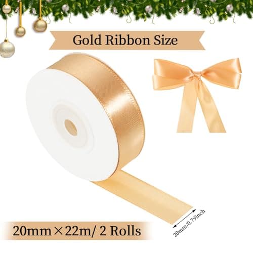 2 Rouleaux Ruban Doré, 2cm X 22m Ruban Satin Or Ruban Mariage Ruban Cadeau pour Emballage Cadeau Bouquet Gâteau Décoration Mariage Fête