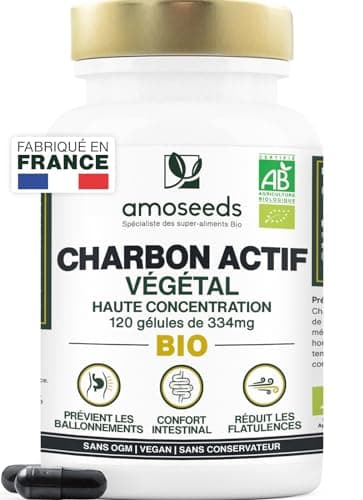 Charbon Actif Végétal BIO | Haute Concentration, 2000mg / Jour | 120 gélules de 334mg | Ballonnements, Flatulences | Qualité Supérieure, Français