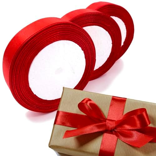 LLMtn 66 Mètres Lot de 3 Rouleaux de Ruban de sSatin Rouge 2 cm x 22 m pour Décoration de Cadeau de Mariage, de Baptême et d'anniversaire