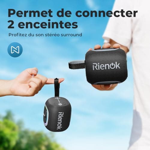RIENOK Enceinte Bluetooth 5.3 Portable, Haut Parleur Puissant Lumineuse, Autonomie 15H, 1800mAh, Fonction Radio, Port Clé USB, AUX, TF Carte, pour Soirées Plage, Randonnées, Voyage