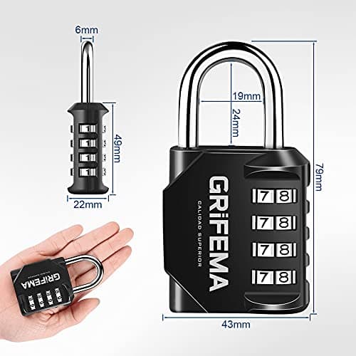 GRIFEMA GA1001-1, Cadenas Code 4 Chiffres - Cadenas de Sécurité Résistant Aux Intempéries, Cadenas à Combinaison pour Casier, Valise, Garage, Portail, École, Alliage de Zinc, Noir