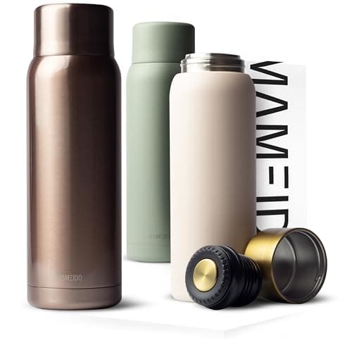 MAMEIDO Bouteille Isotherme 1l avec Mug en Acier inox, Gourde Isotherme 1l chaude 12h, Thermos 1l étanche 100% sans BPA, café et thé pour la route (Rosé Quartz, 1000ml)