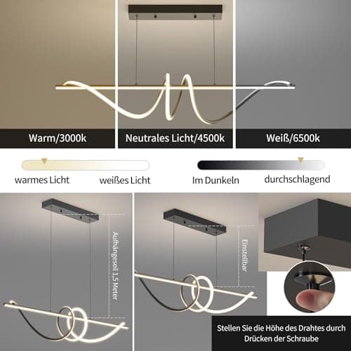 Mikeru Lampe Pendante Led Moderne De 100cm, Dimmable pour Îlot De Cuisine Avec 3000/4500/6000k 3 Couleurs De Lumière 10% -100% De Luminosité Ajustable Avec Télécommande pour Salle À Manger, Bureau