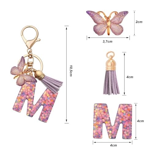CHUQING Porte-clés pour fille - Pendentif en forme de papillon - Avec initiales - Cadeau pour femme, Lilas D, S