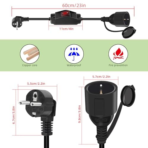 RIIEYOCA Câble d'extension 16A / 250V Shucko à 90 degrés avec Interrupteur extérieur, Prise de sécurité à 2 Broches sur Prise, extérieur ou intérieur (0,6 m)