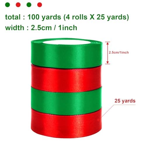 AUGSUN Ruban de Noël 4 Rouleaux, 2.5cm de large, 100 Yards, Vert, Rouge, pour Emballage Cadeaux et DIY