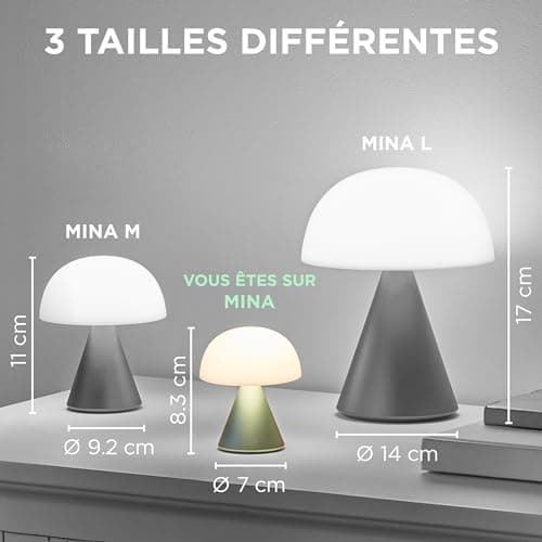 Lexon MINA Mini Lampe Champignon sans fil rechargeable, lampe LED à poser ou de chevet, à variateur d'intensité, jusqu'à 12h d'autonomie - Gris Métallique