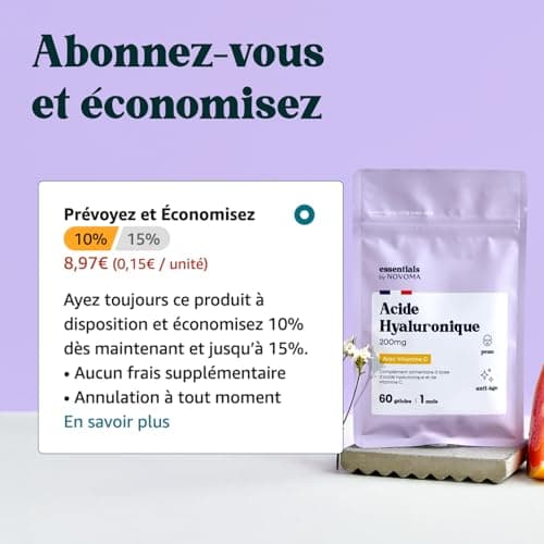 Acide Hyaluronique Pur, 60 Gélules Vegan, Action Anti-Âge + Anti-Rides, 800-900 kDa, Cure de 1 mois, Hydratation de la Peau, Avec Vitamine C, Fabriqué en France, Essentials by NOVOMA