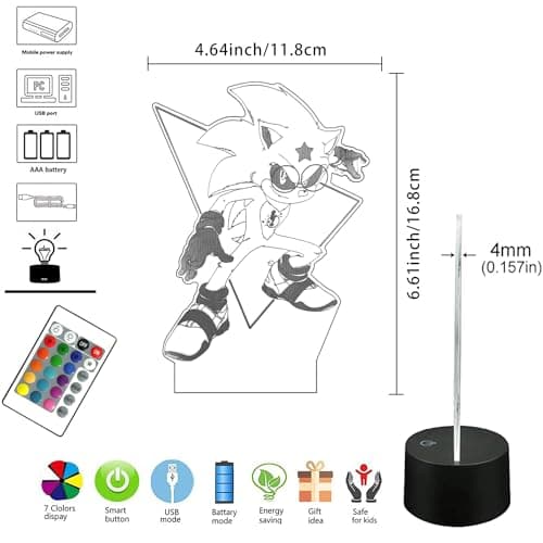 AIRUEEK Sonic Hedgehog Lampe 3D Illusion Veilleuse-16 Variations De Couleurs-Décoration De Chambre Créatif Figurine Anime Cadeaux Pour Enfants Garçons Hommes Sonic Fans