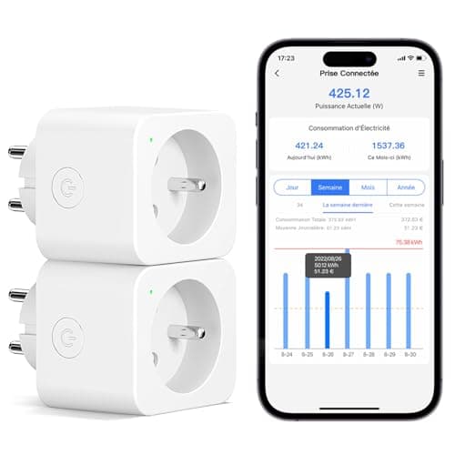 Meross Prise Connectée (FR), 16A Prise WiFi Compatible avec Alexa et Google Home, Lot de 2 Prise Mesure Consommation Intelligente avec Commande Vocale, Contrôle à Distance et Configuration Bluetooth