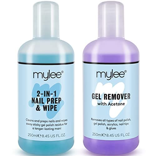 Mylee Prép et nettoyant + Dissolvant qualité salon, Manucure et pédicure avec systèmes UV LED, Dissolvant professionnel à l’acétone pour tout type d’ongles, Double usage pour nettoyer l’ongle et enlever la couche adhésive 2x250ml
