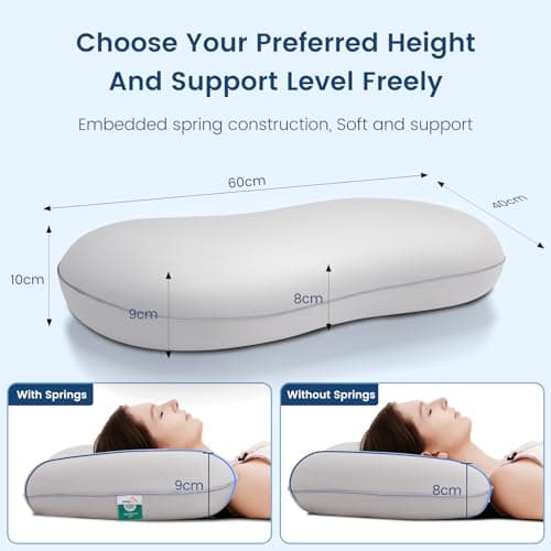 Elegear Oreiller Memoire Forme Cervical Ergonomique avec Support à Ressorts Oreiller Ergonomique Cervical Anti Ronflement Taie d'oreiller Rafraîchissante 60 x 40 x 10cm