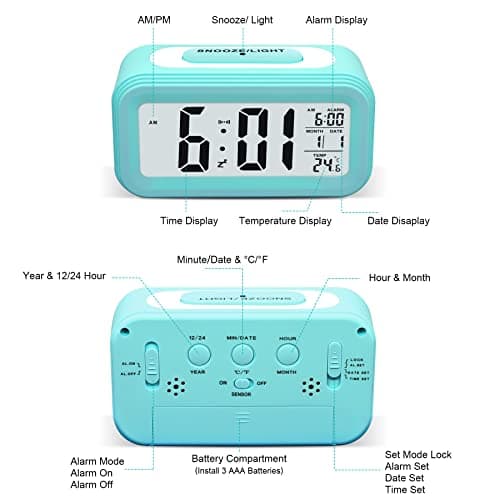 Larkumio Reveil Numerique Réveil Matin Lumineux LED Reveille Digital a Piles Silencieux Aalarm Clock de Voyage avec Gros Chiffres pour Enfant Fille Garcon Ado Adultes, Réveils avec Date Snooze, Bleu