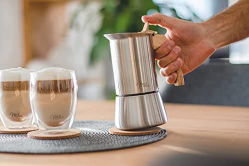 Milu cafetière Italienne Induction | 2 4 6 9 Tasses | Cafetière Moka en INOX, Espresso Maker Acier Inoxydable, Ensemble comprenant un sous-verre, une cuillère (Aspect bois, 6 tasses (300ml