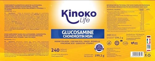 Glucosamine et Chondroïtine 240 gélules avec MSM, collagène marin, acide hyaluronique, curcuma, poivre noir, gingembre, boswellia et quercétine pour articulations, cartilage, os