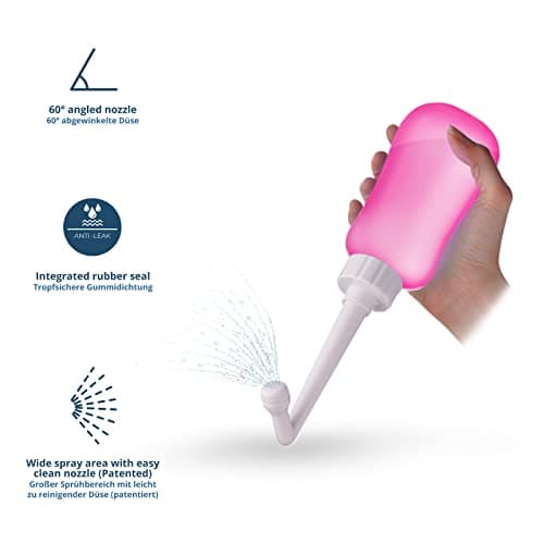 T2 Bouteille Périnéale - Bidet Portable Post-partum, Soulage Douleurs Périnée - Bouteille Compressible 360ml, Embout Coudé 60°, Sac Rangement Lavable - Trousse Maternité, Cadeaux pour Maman